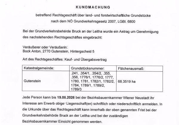 K;undmachung Grundverkehrsbehörde bis 19.05.26