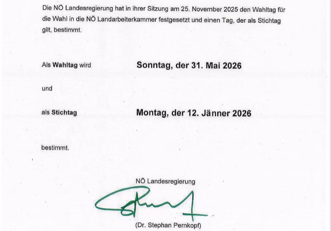 Kundmachung Wahl Landarbeiterkammer bis 01.06.26